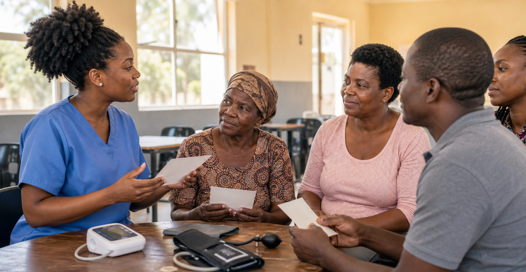 A healthcare professional leading a preventive health conversation with community members