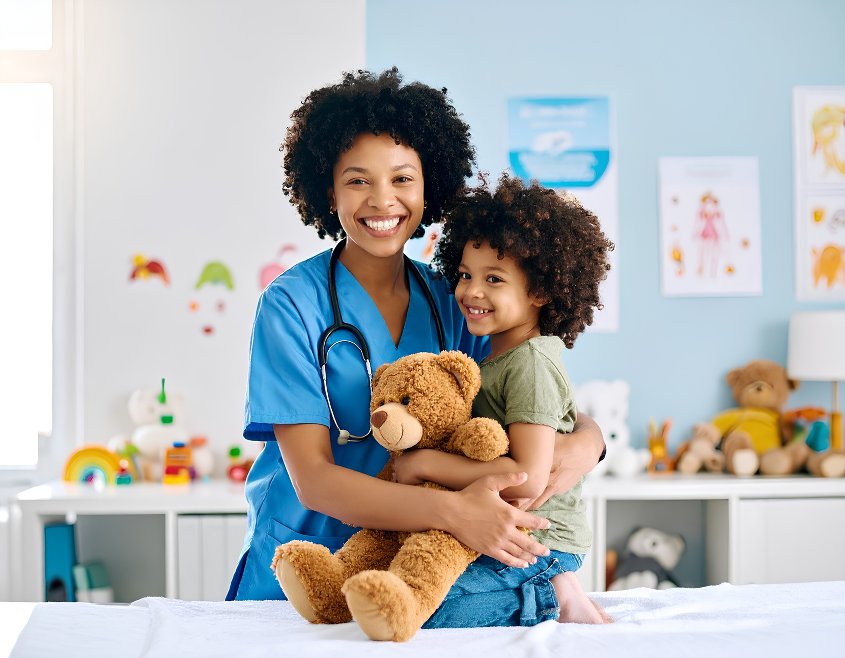 A healthcare professional holding a young child in a clinical setting