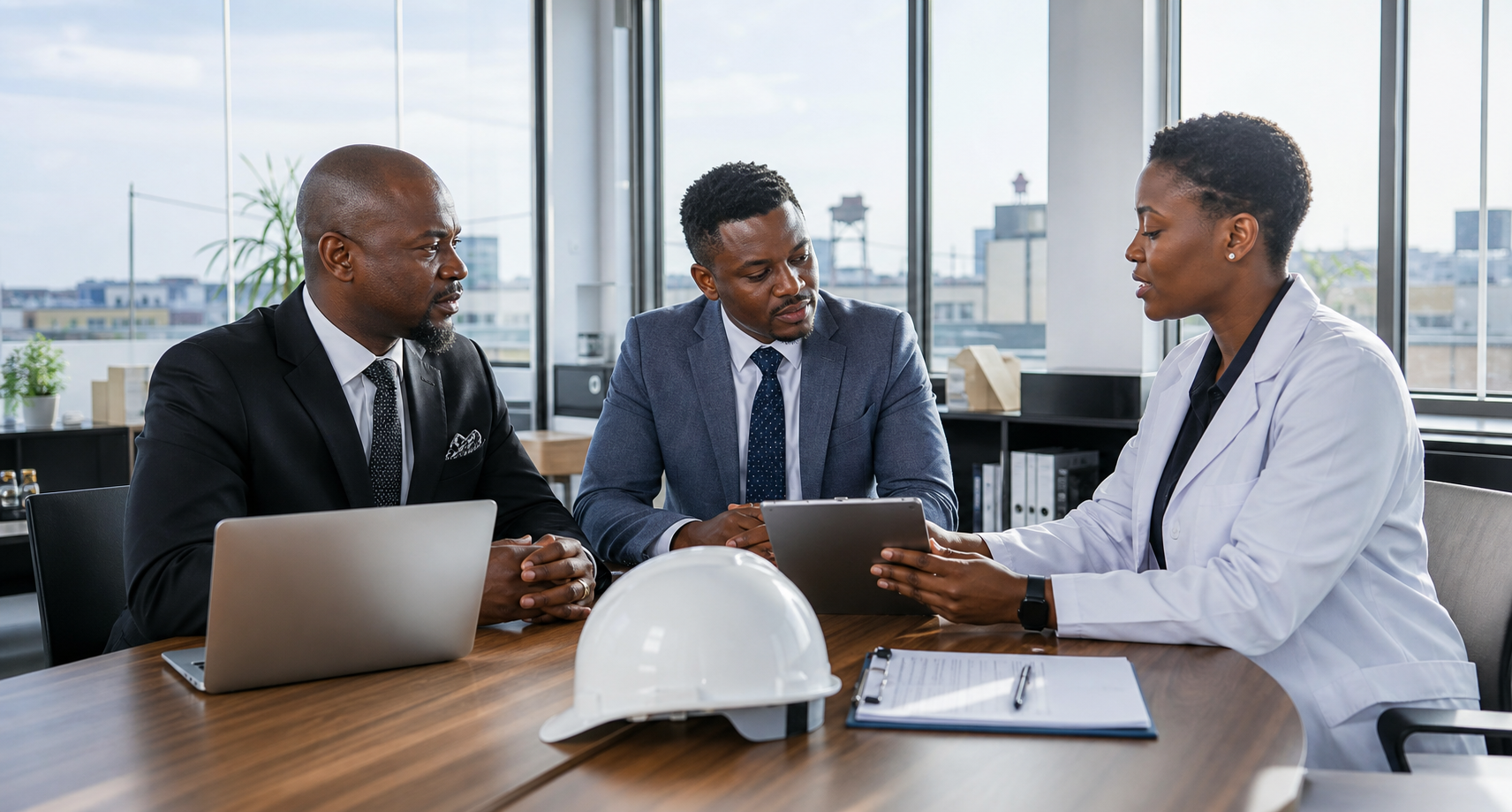 Business leaders discussing a workplace health plan with an occupational health clinician
