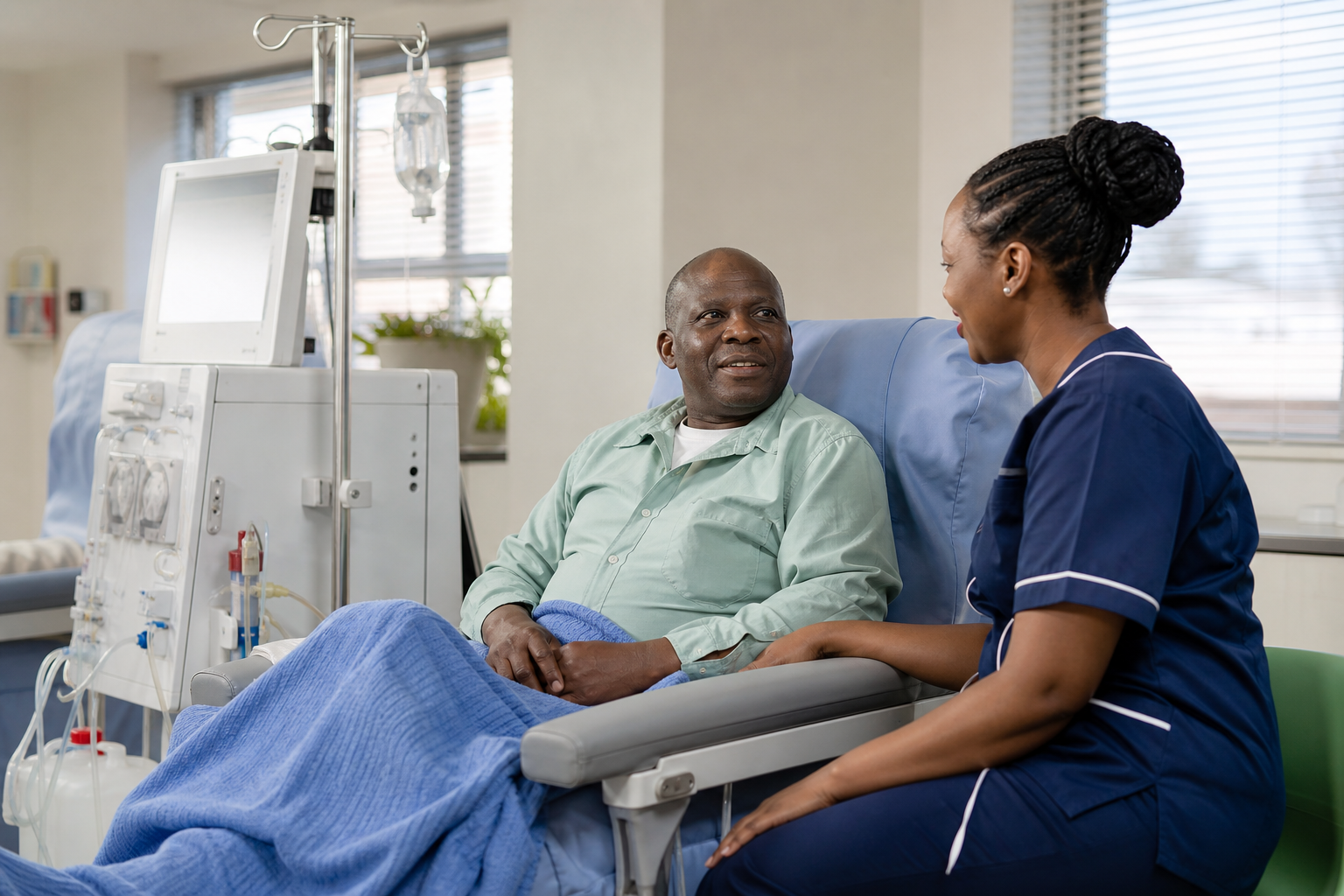 A Black Zimbabwean dialysis patient speaking with a renal nurse during treatment