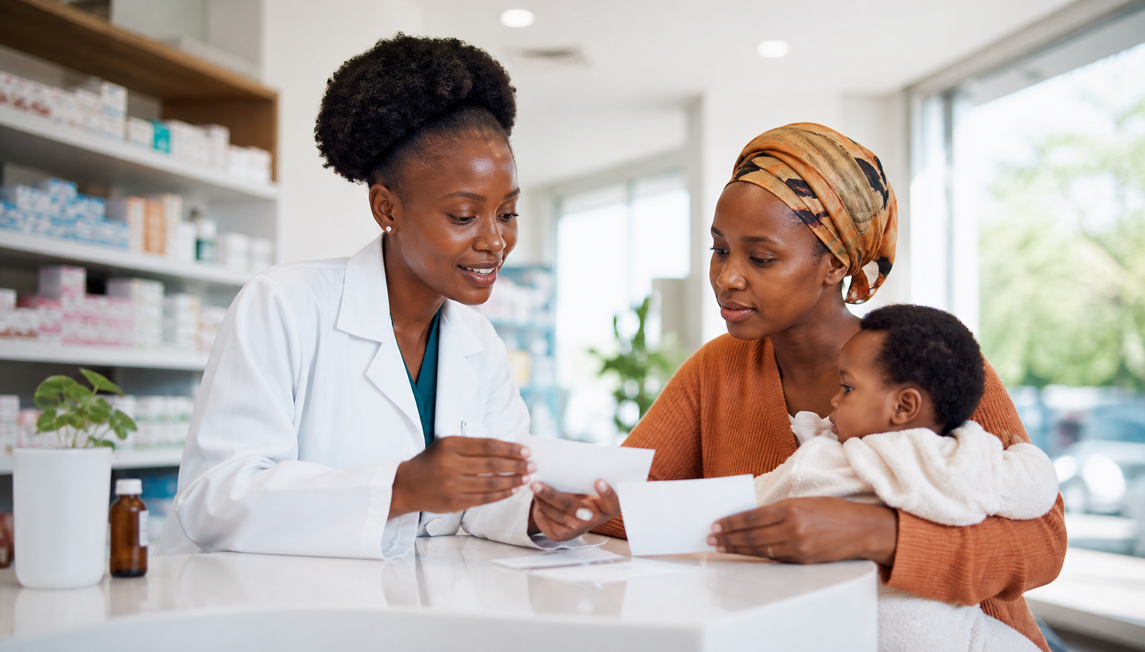 A pharmacist sharing health information with a mother