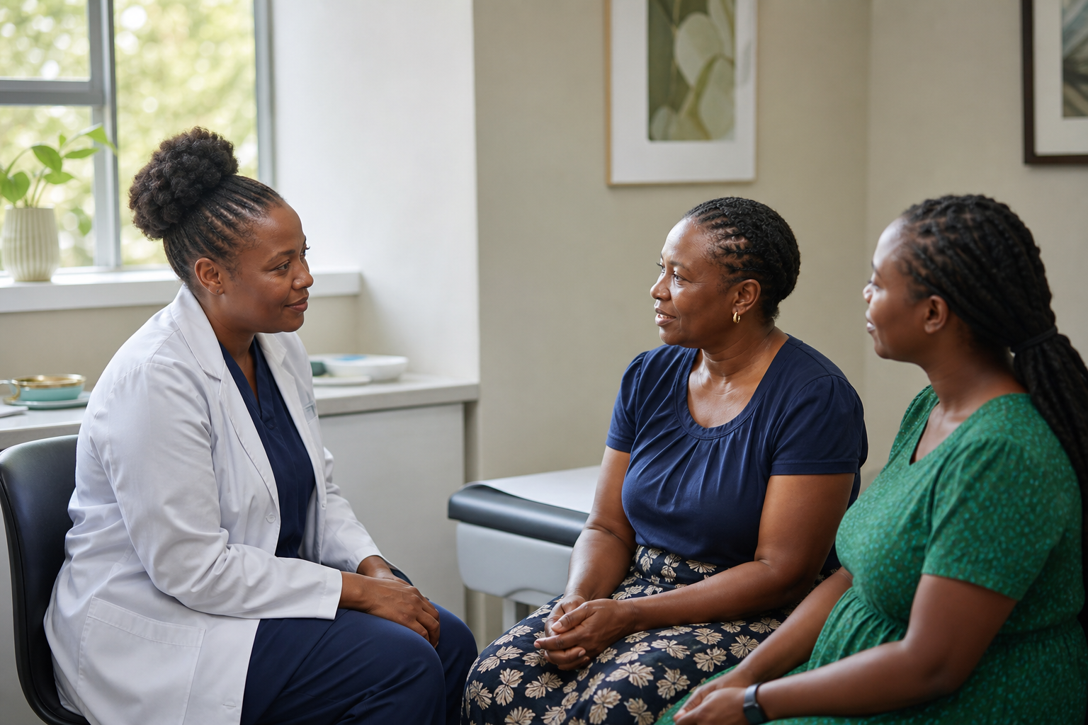 A Zimbabwean doctor listening to a patient and her family member during a consultation