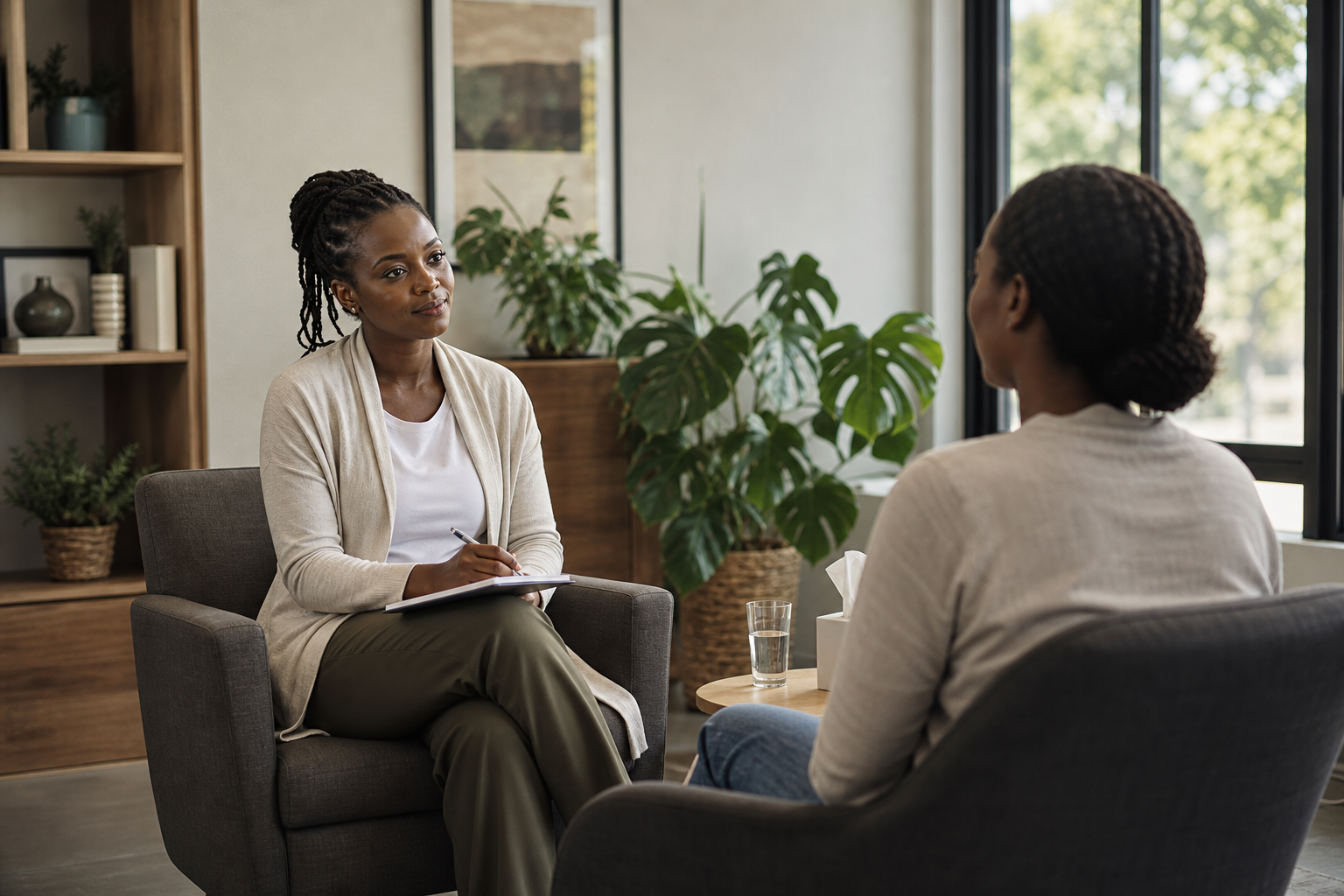 A counsellor listening carefully during a private mental health consultation