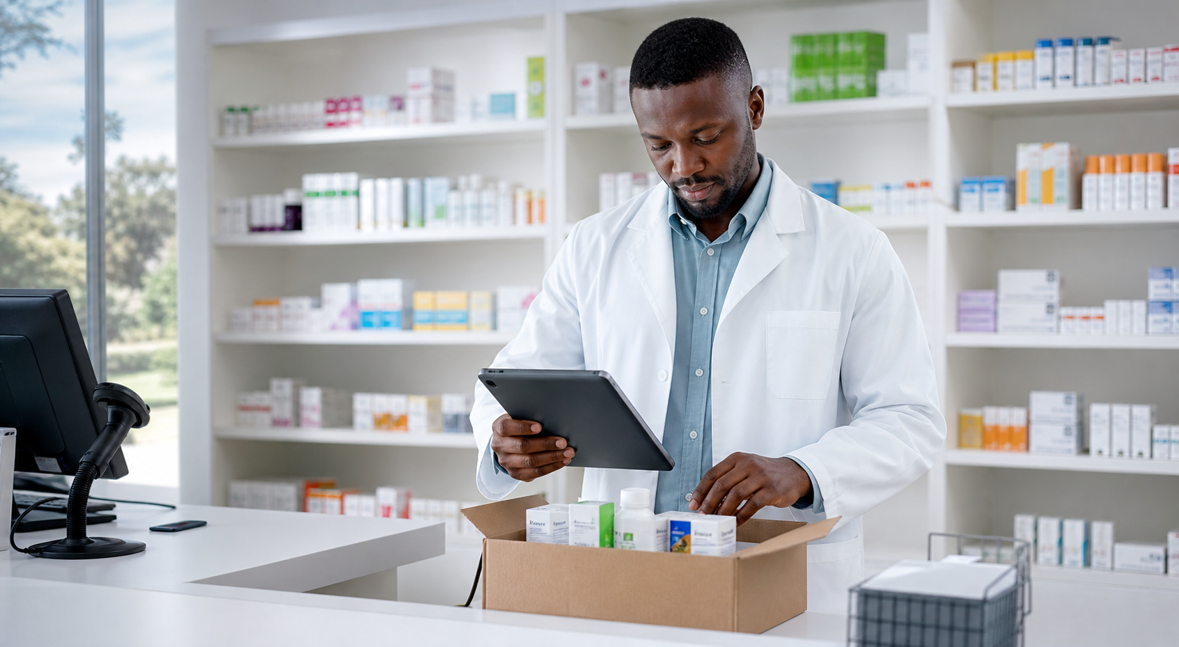 A pharmacist preparing a packaged pharmacy order