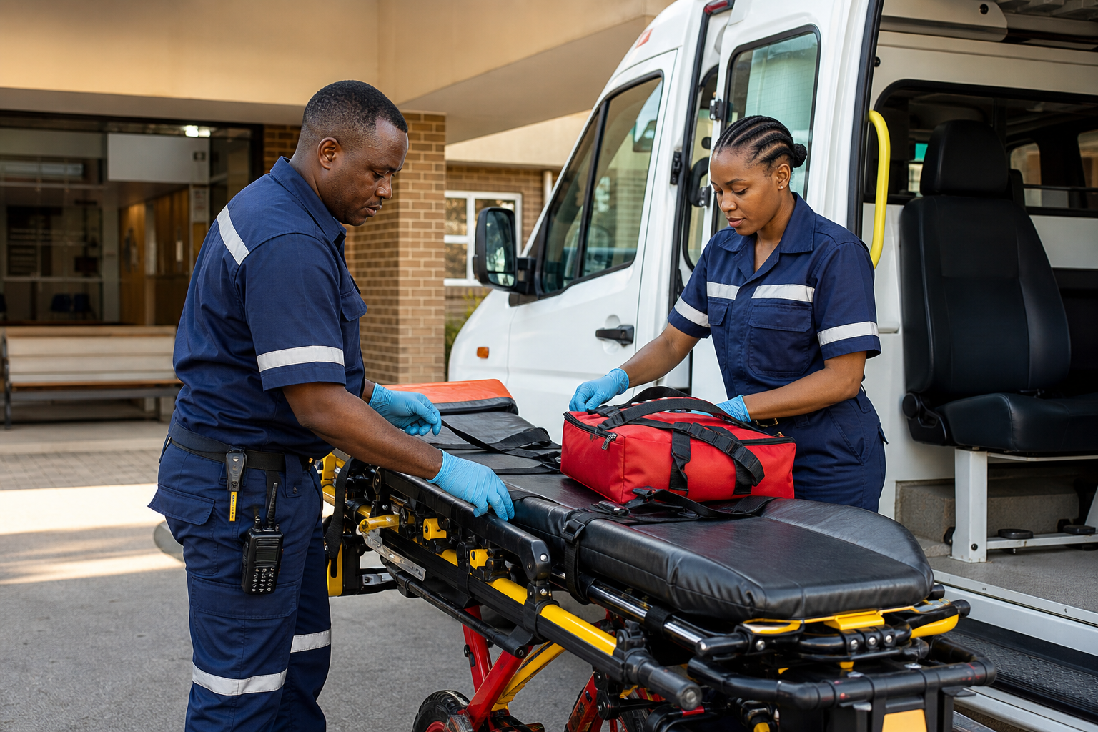 Paramedics preparing a stretcher and medical kit beside an ambulance