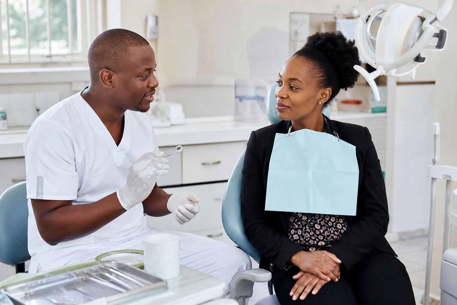 A dentist explaining an oral-health assessment to a patient beside a dental chair