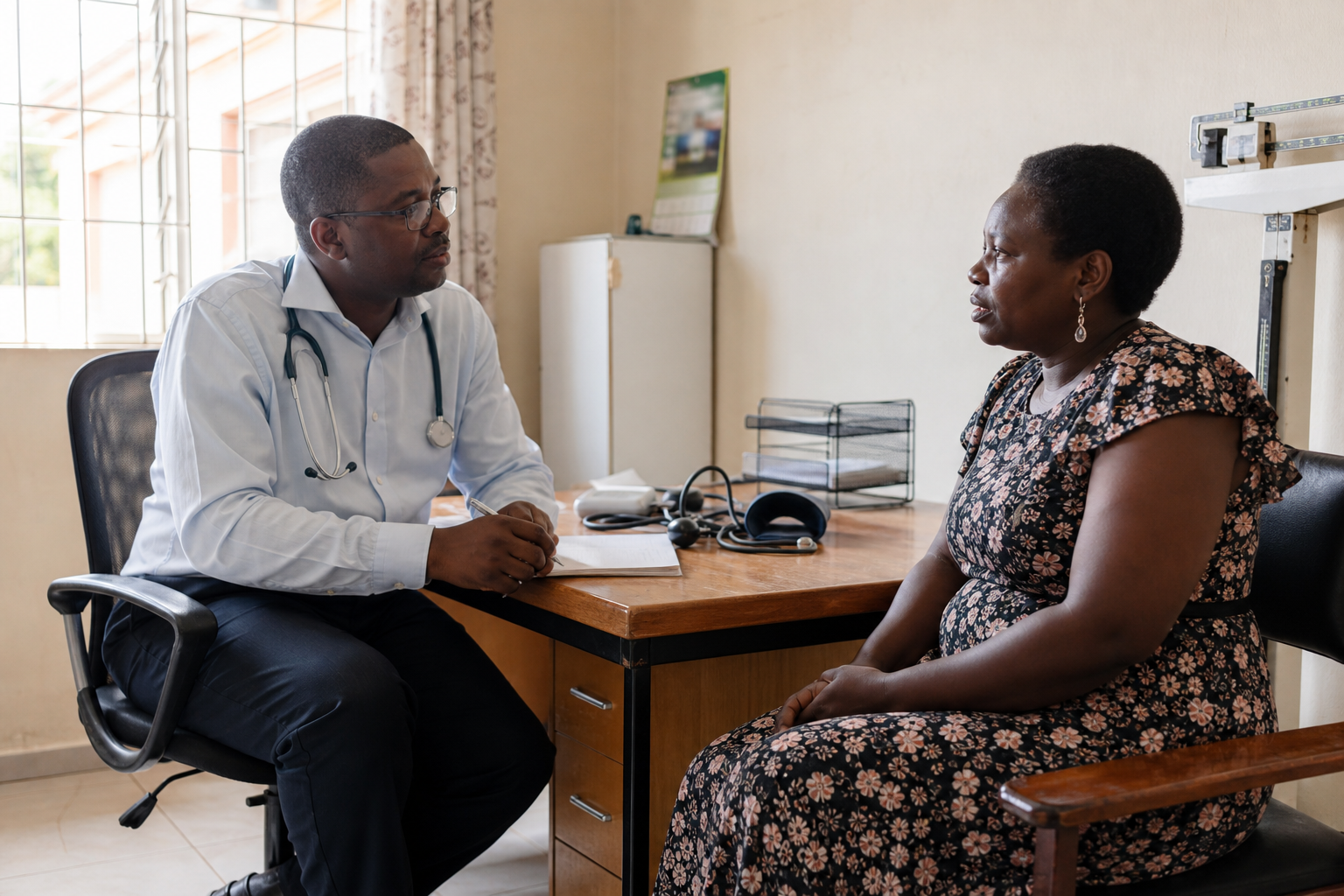 A general practitioner listening carefully to a patient during a consultation