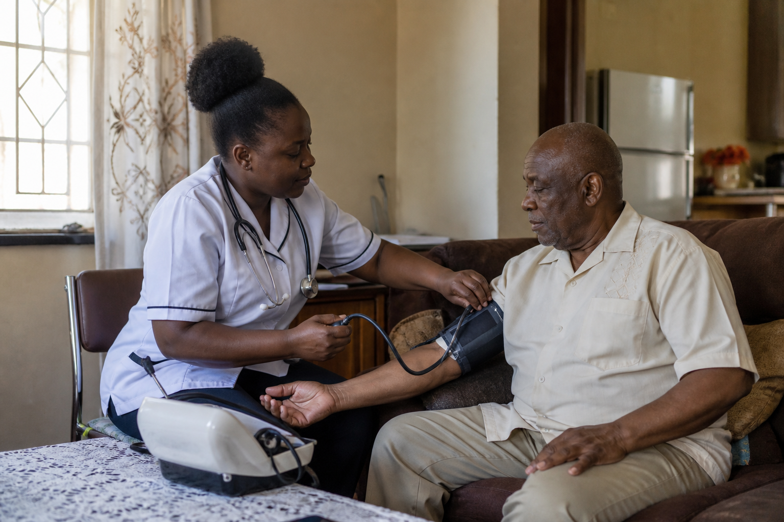 A home-care nurse checking an older patient’s blood pressure during a home visit