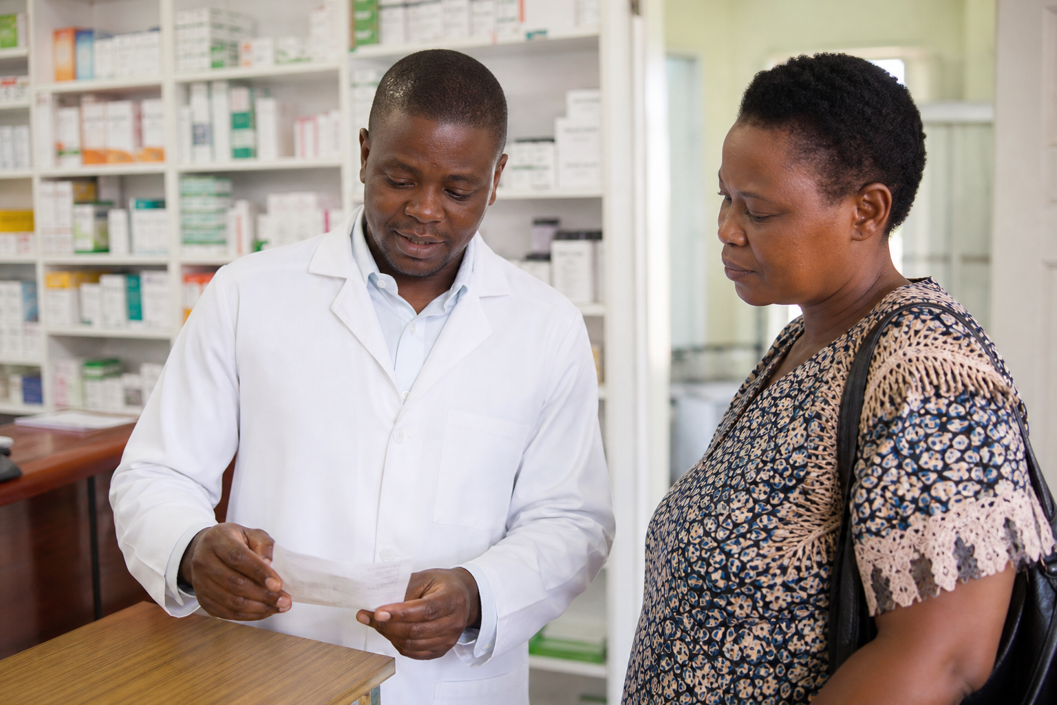 A pharmacist reviewing a prescription with a patient at a community pharmacy counter