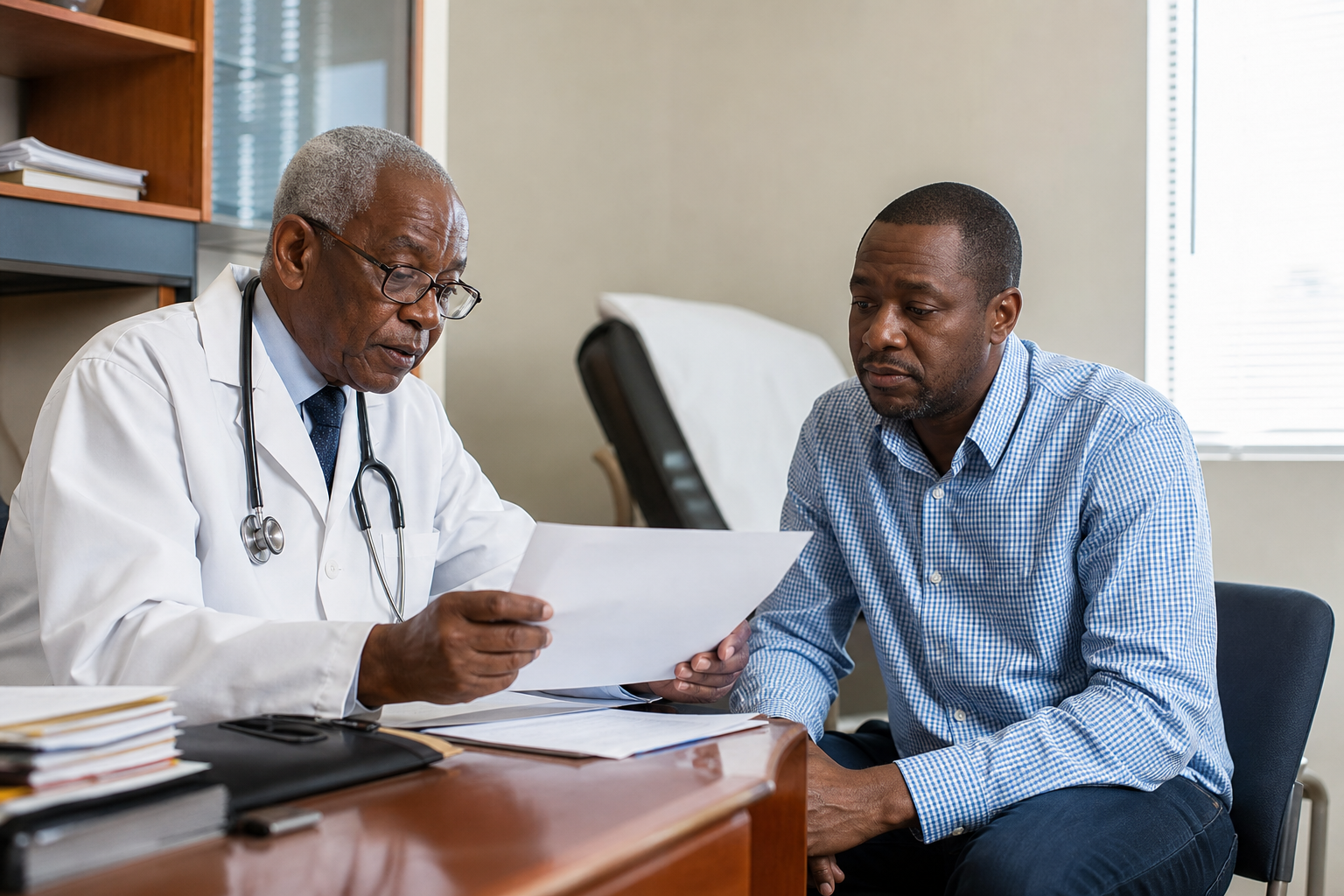 A physician reviewing clinical results with a patient during a specialist consultation